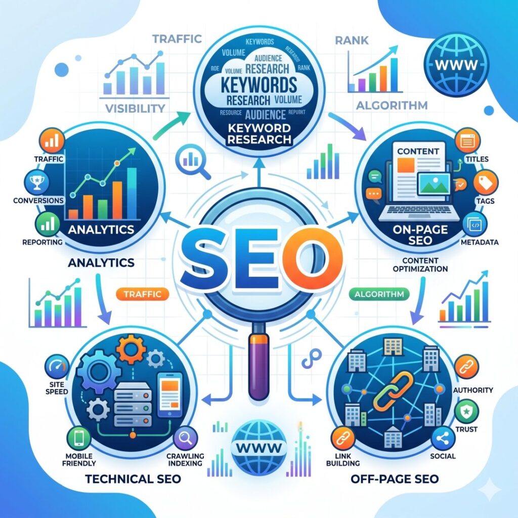 Η βελτιστοποίηση SEO είναι μια συνεχής και δυναμική διαδικασία βελτίωσης της ποιότητας και της ποσότητας της κίνησης σε μια ιστοσελίδα, με εξειδικευμένες τεχνικές που θα εφαρμόζονται κατά την δημιουργία και την ενημέρωση των σελίδων ενός ιστοτόπου, είτε πρόκειται για μια απλή ιστοσελίδα είτε πρόκειται για ένα ηλεκτρονικό κατάστημα.