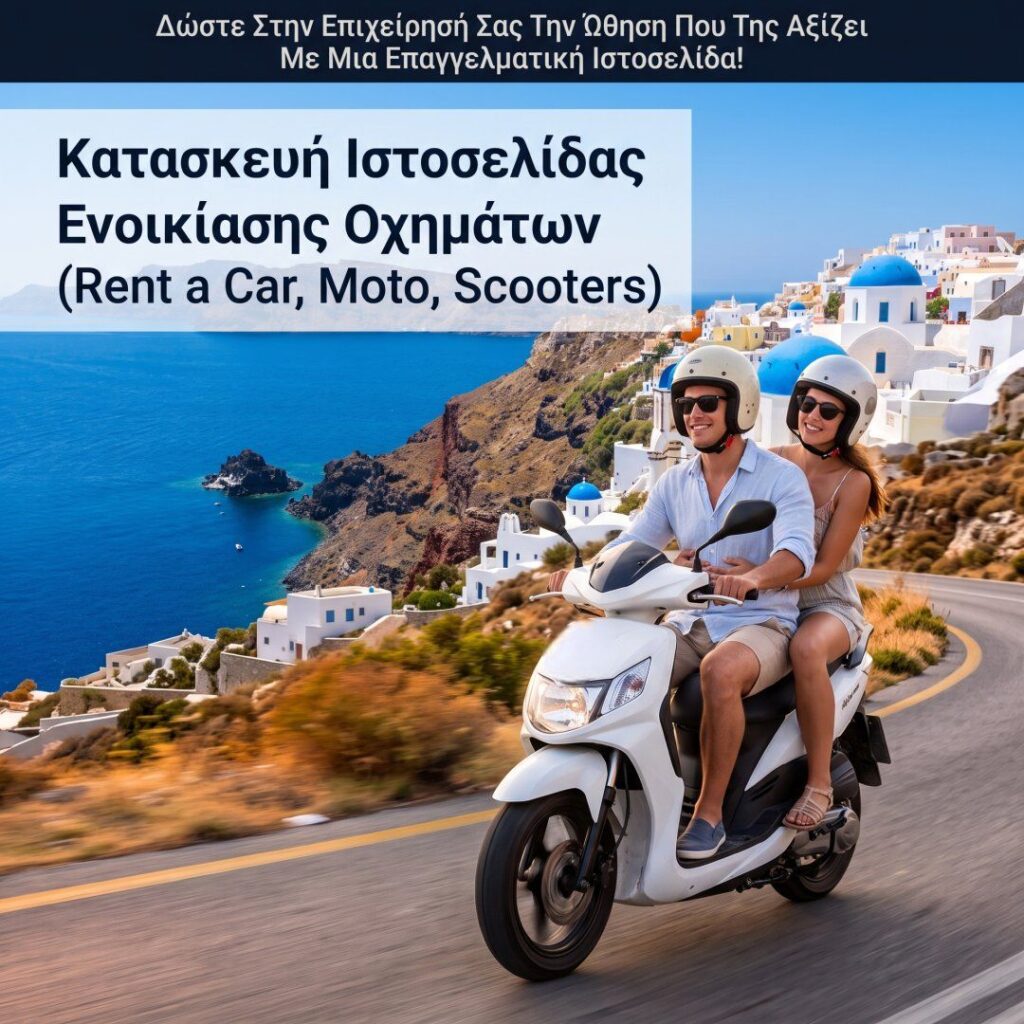 Δώστε στην επιχείρησή σας την ώθηση που της αξίζει με μια επαγγελματική ιστοσελίδα! Κατασκευάζουμε εξειδικευμένες ιστοσελίδες για επιχειρήσεις ενοικίασης οχημάτων (Rent a Car, Μοτοσυκλέτες, Scooters) που είναι έτοιμες για το επόμενο βήμα.