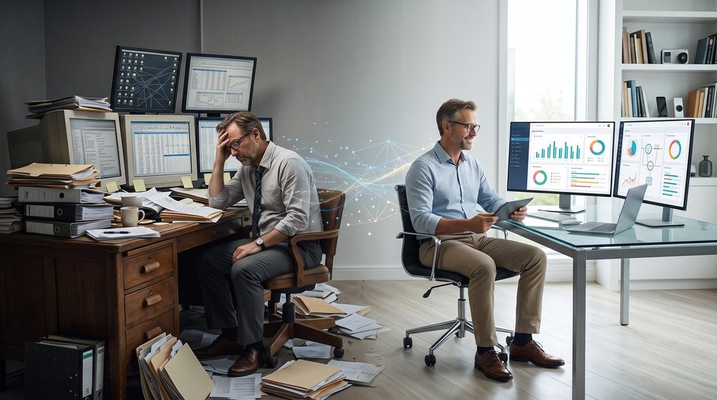 excel-chaos-to-db-office Οπτική σύγκριση: Αριστερά, ένας αγχωμένος επαγγελματίας σε ένα χαοτικό γραφείο γεμάτο χαρτιά και πολύπλοκα Excel. Δεξιά, ο ίδιος εργαζόμενος ήρεμος και παραγωγικός, χρησιμοποιώντας ένα σύγχρονο, εξειδικευμένο λογισμικό για την απόλυτη οργάνωση των δεδομένων του.